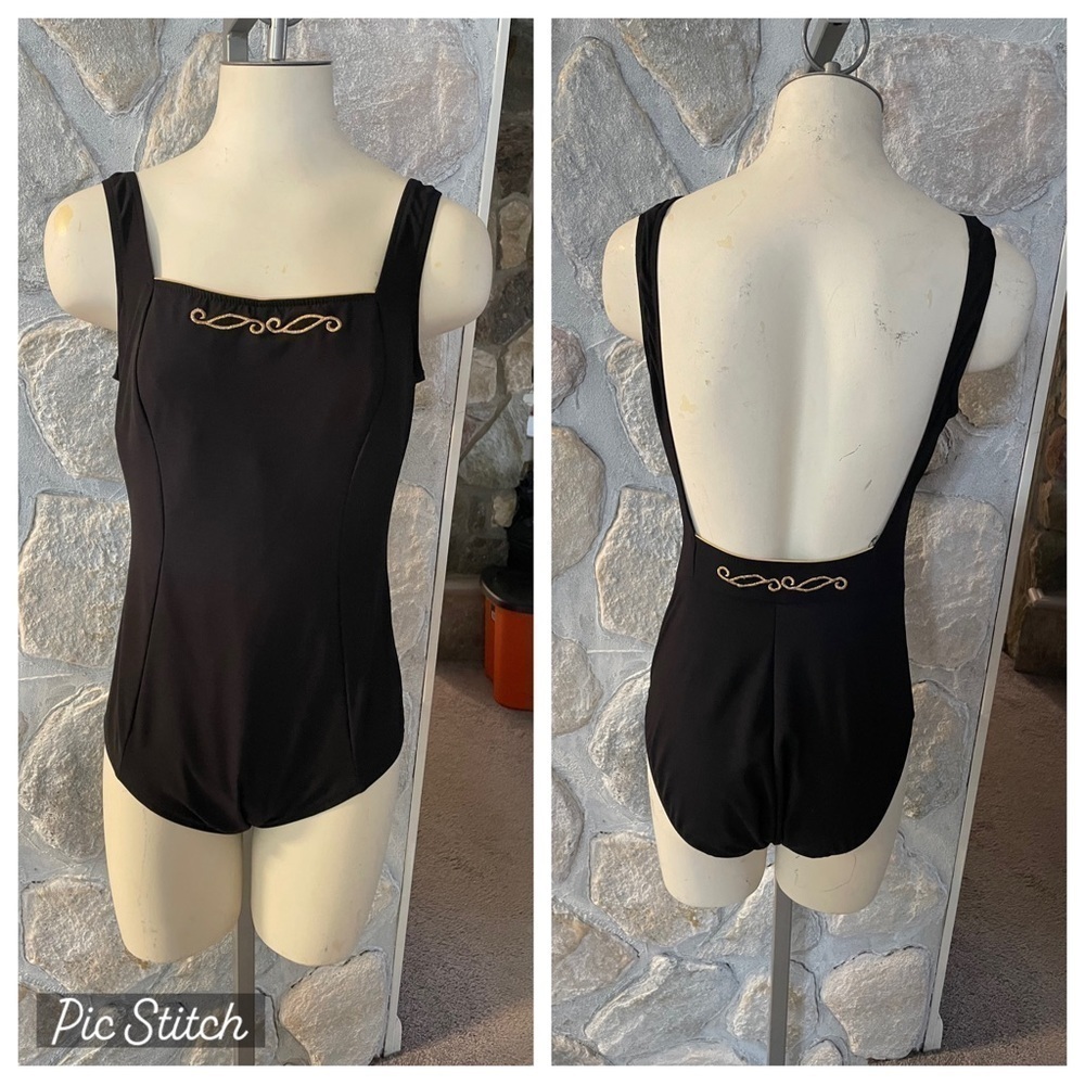 Vintage Longitude Black Gold One Piece Swim Suit With open Back-See Measurements